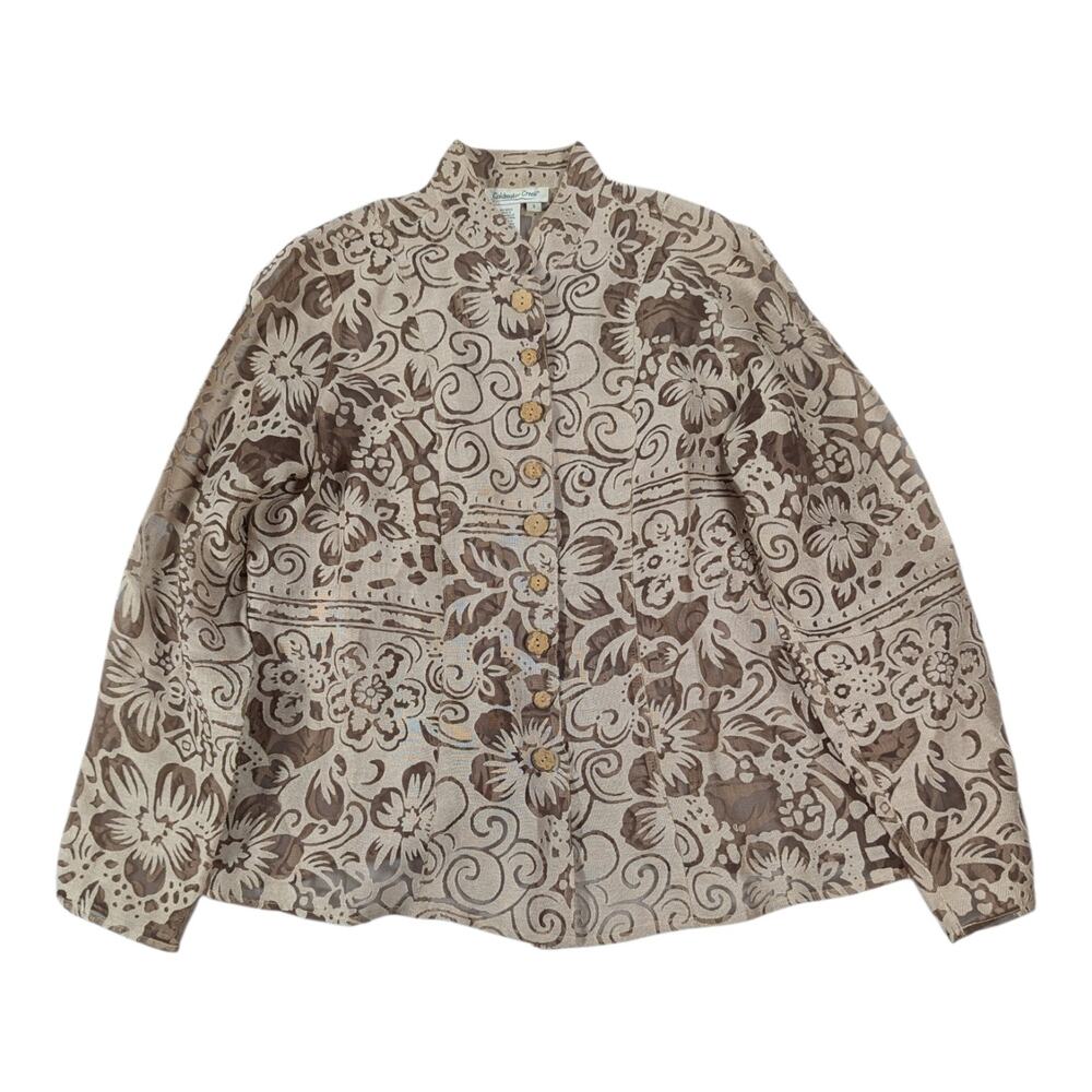 Vtg Y2K Coldwater Creek Ivory Floral Burnout Mesh Mandarin Collar Top Sz S